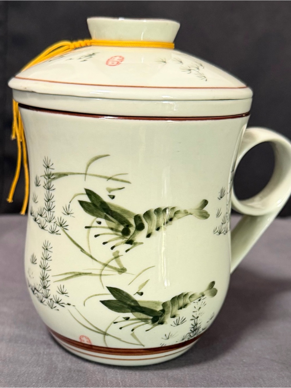 Vintage Japanese Ceramic Lidded Mug with Green Shrimp Design